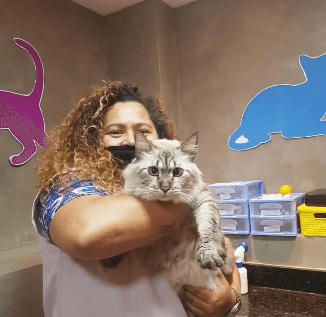 Dra. Luciana Pessoa com um gato no consultório